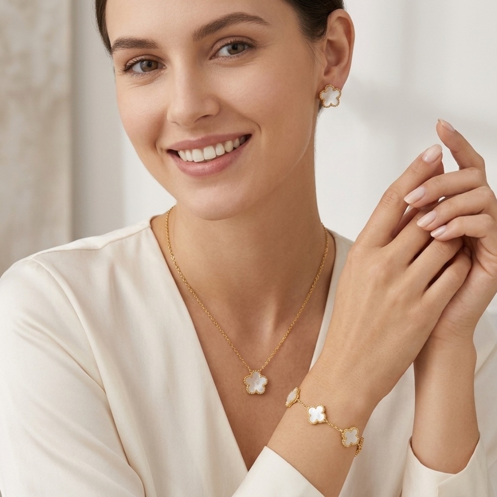 Mother of Pearl Flower Jewelry Set - Necklace, Bracelet & Earrings